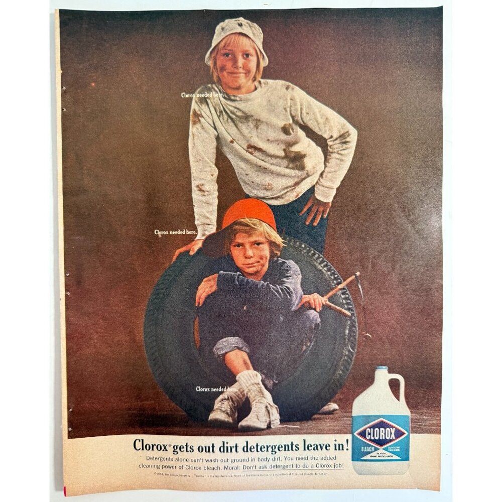 Vintage 1964 Clorox Bleach Boys Dirty Clothes Laundry Advertisement Print Ad